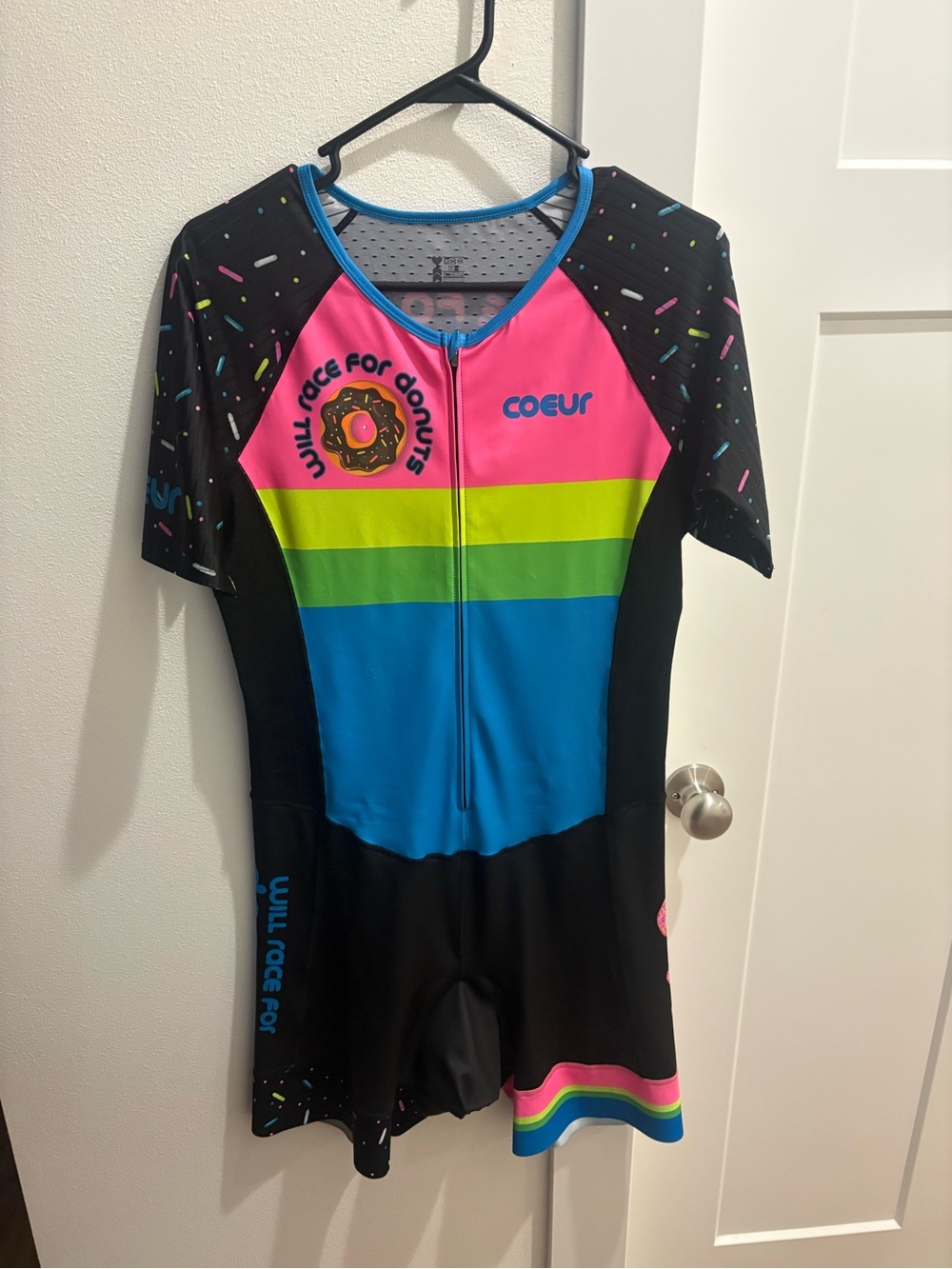 Coeur Women's 'Will Race for Donuts' One-Piece Tri Suit - Pink/Blue/Green